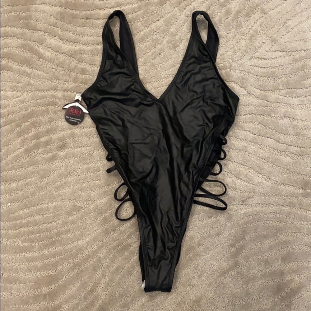 Faux leather black one piece bikini